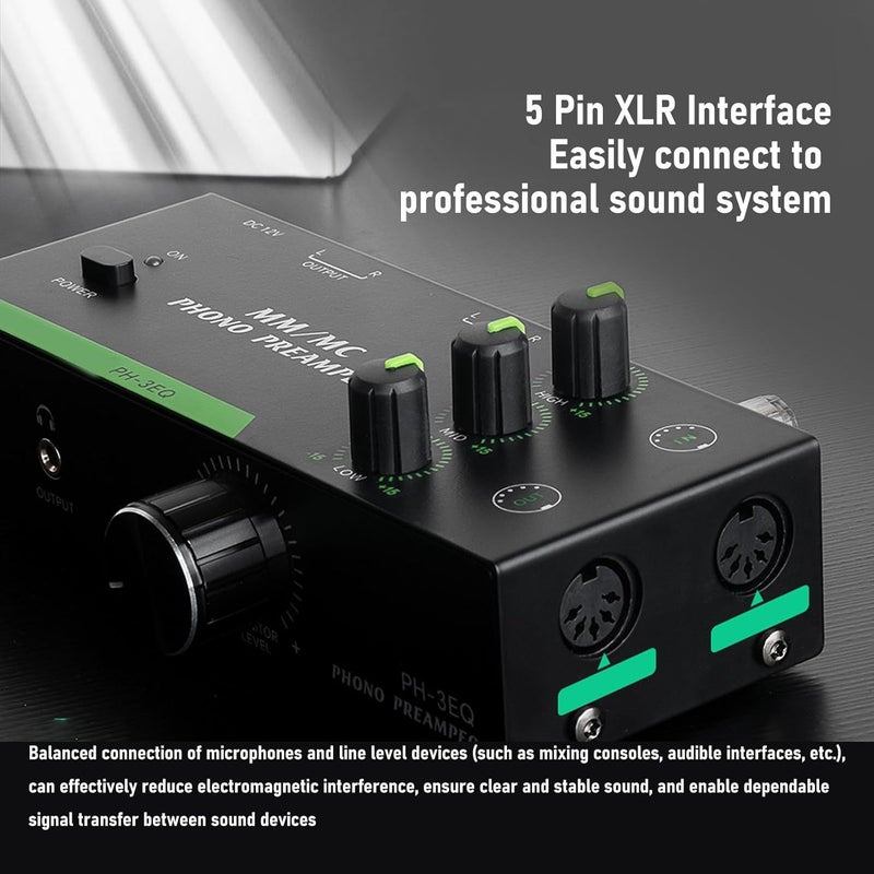 Bewinner Phono Preamp with MM MC Support XLR Balanced I O, 3 Band EQ Turntable Amplifier, Metal Chassis, Audiophile Grade Sound for Record Players (US Plug 100-240V) - Image 3